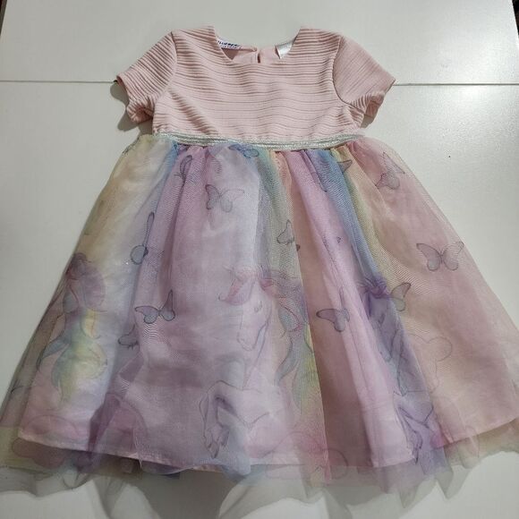 Girls Unicorn & Butterflies Pink Formal Dress Rainbow Tulle Size 5 - Picture 1 of 13